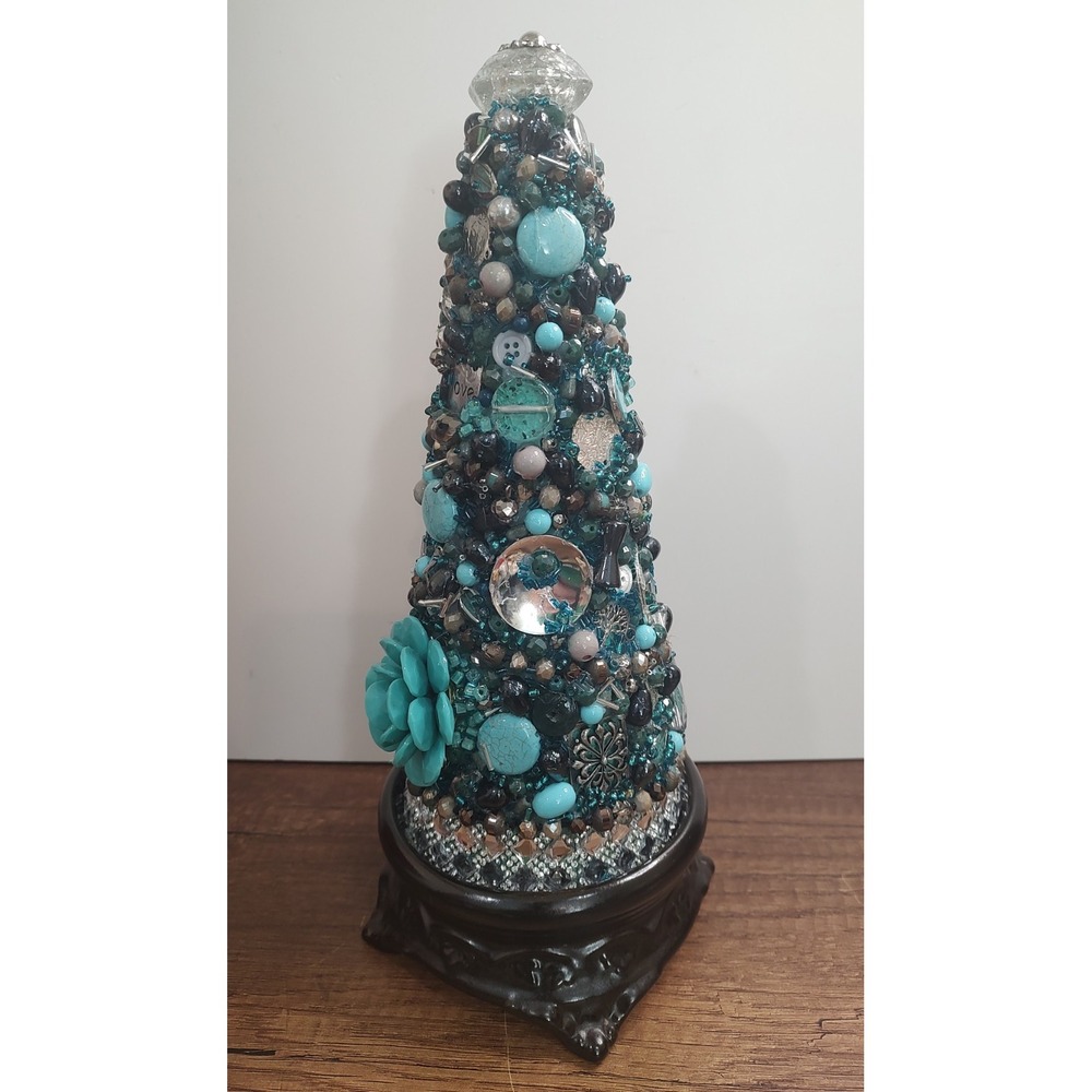 Vtg Jewelry Art Christmas Tree Upcycled Art Teal Silver Turquoise Handmade OOAK